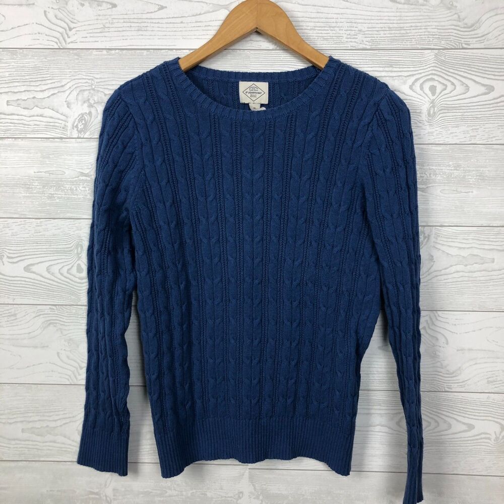 St John's Bay Women's Large PETITE Cable Knit Long Sleeve Pullover Sweater Blue